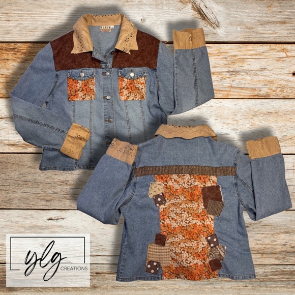 Denim Jacket Lightweight Brown Orange Floral Patchwork Tan Faux Suede Medium - Picture 1 of 11